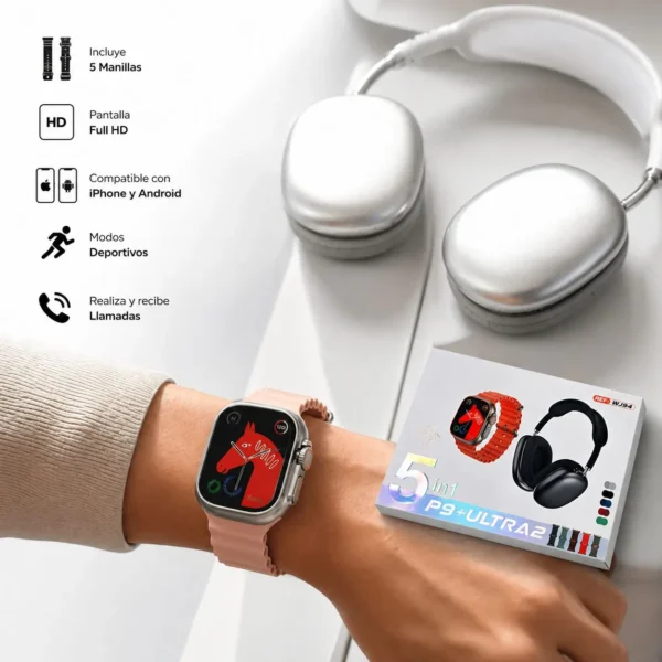 Smartwatch P9 Ultra 2 + Audífonos Inalámbricos | Reloj Inteligente con Llamadas Bluetooth, Pantalla HD y Monitoreo de Salud