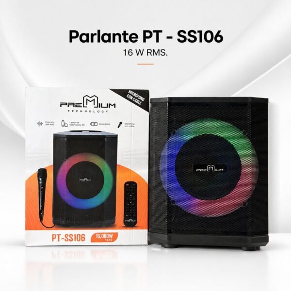 Parlante Bluetooth 6.5” PT-SS106 Recargable 10W RMS con Micrófono, USB, SD, FM y Control Remoto